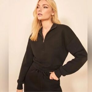Reformation Marla Black Quarter Button-Up Pullover Sweatshirt